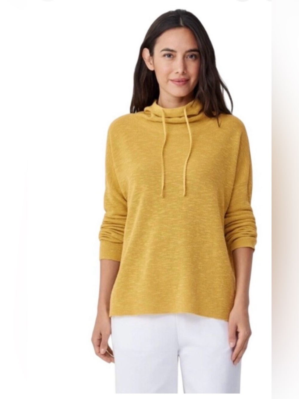 Eileen Fisher Gold Mustard Yellow linen cotton turtle Neck Knit Sweater NWOT